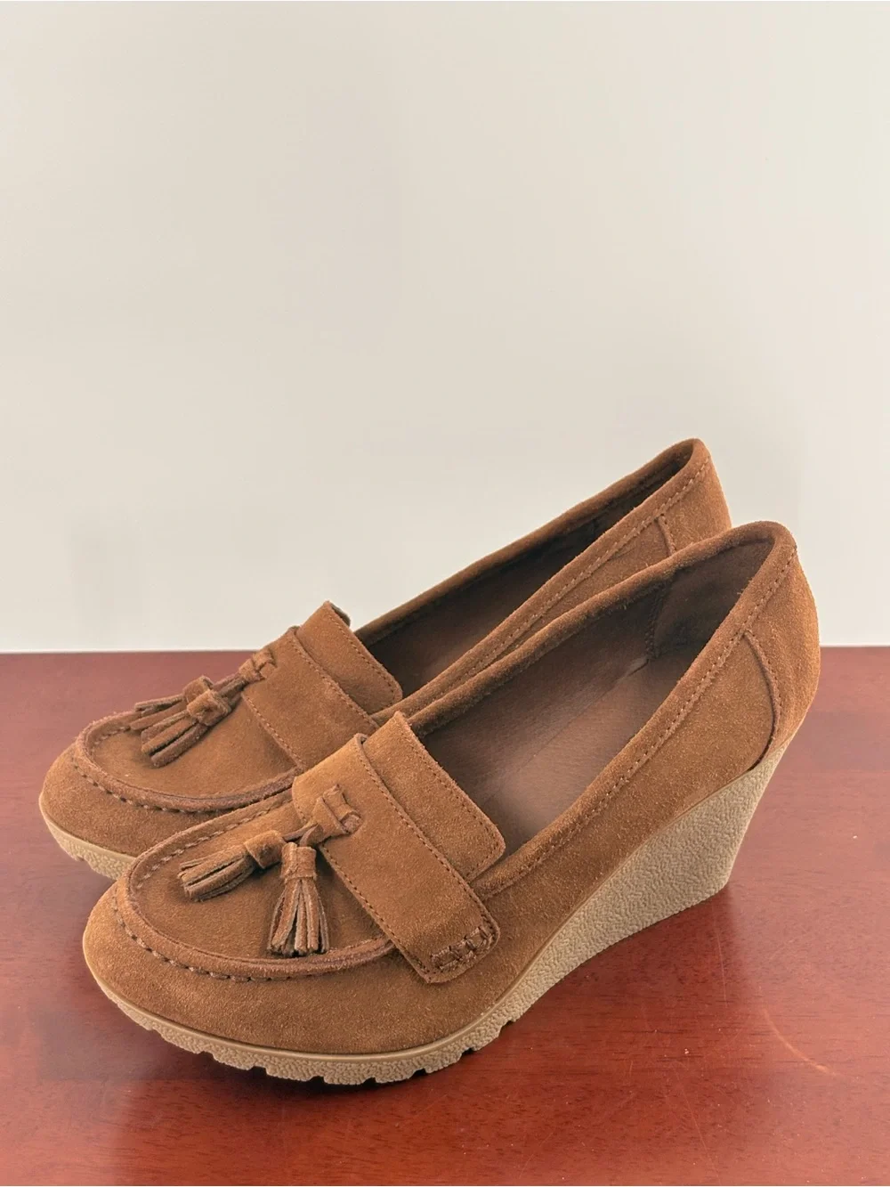 MIA Tan Suede Tassel Wedge Loafers